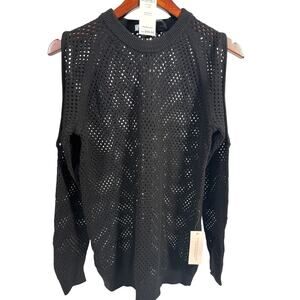 BCBG Womens Open Knit Cold Shoulder Long Sleeve Pullover Sweater Black Medium